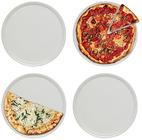 KHG 4er-Set Pizzateller, groß mit 33 cm in weiß, Durchmesser, für Zuhause | perfekt für Gastro und Zuhause, hochwertiges Porzellan, spülmaschinengeeignet & perfekt Stapelbar im zeitlosem Design