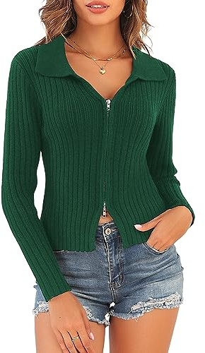 ZAFUL Damen-Pullover mit Reißverschluss, langärmelig, Poloshirt, V-Ausschnitt, gerippter Strick, schmaler Cropped-Pullover, Pullover, Pullover, Tops, 1-grün, Mittel