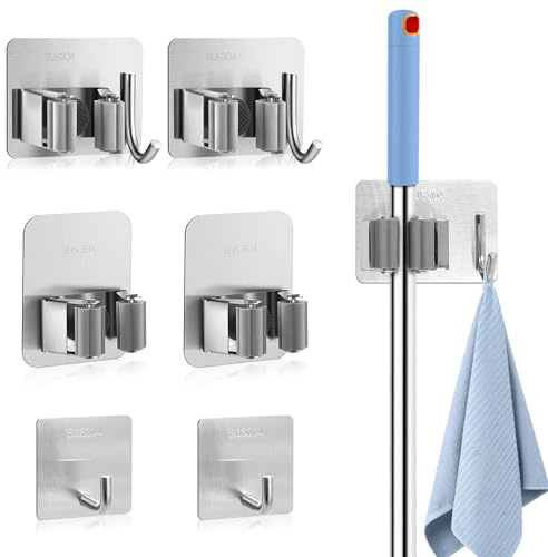 Daily Treasures 4 x Edelstahl-Wandhalterung für Besen mit 2 Haken, verstellbare Größe, Mopphalter, selbstklebende Besenhalter, flexible freistehende Besenhaken, Mopphaken für die Wand