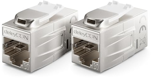 deleyCON 2 Stycke CAT 7 Koppling Keystone Metall 2x RJ45-uttag Kontakt för RJ45 Patchkabel 600 MHz 10 Gbps LAN DSL Ethernet och Användbar som Keystone Silver