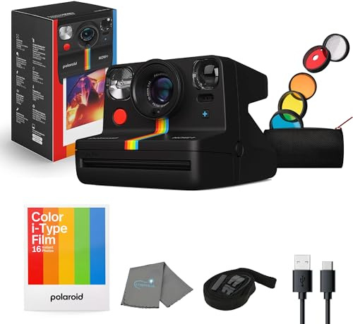 Polaroid Cámara instantánea Now+ Gen 2, negra, Bluetooth Now Plus, cámara de película con kit de filtro de lente de 5 piezas y bolsa, película de 8 colores, funciona con película Polaroid i-Type y