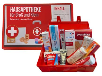 Hausapotheke gefüllt mit Medikamenten - für Groß und Klein - 11-teilig - Alles Wichtige zuhause - M-Size mit Bepanthen, Fenistil, Nasenspray, Rennie, u.v.m