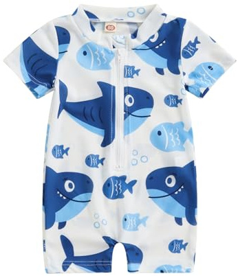 Vioyavo Toddler Boys Rash Guard Swimsuit Rompers Zipper Short Sleeve Whale/Dinosaur Print Kids Bathing Suit Baby Swimwear (Zc-Sky Blue, 6-12 Months)