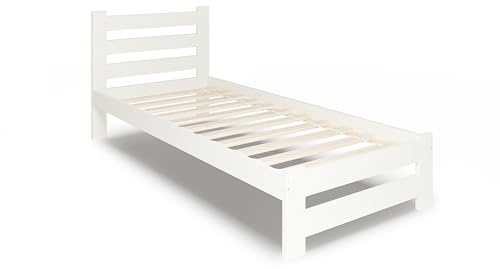 Home Collective Holzbett 90x200 cm mit Lattenrost Modern Bett Kiefer Massiv Bettgestell Einzelbett Massivholzbett Klassisch Komfortabel & Langlebig Skandinavisch Boho Landhaus Kopfteil hoch weiß