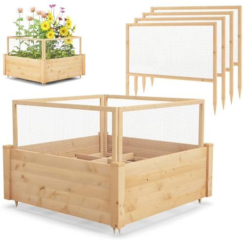 COSTWAY Raised Garden Bed with Fence, Wooden Elevated Planter Box with Grow Grid & Open Bottom, Outdoor Vegetables Plants Flower Pots Grow Box Container for Patio Backyard, 107 x 107 x 80cm