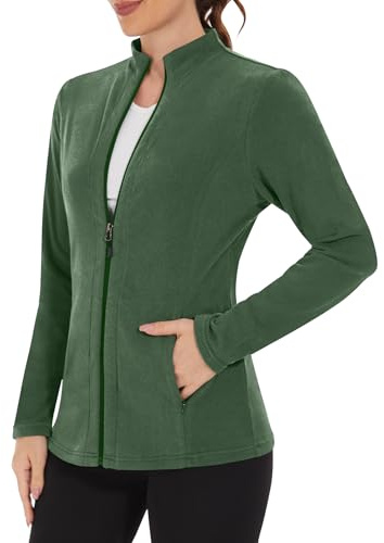 WOWENY Chaqueta de forro polar para mujer, con forro cálido, sudadera con cuello alto y cremallera completa, ligera para invierno, al aire libre, correr, caminar, ocio, verde, XXL