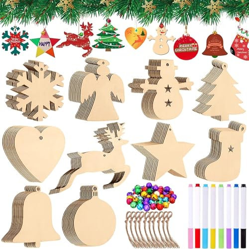 NEMMXUB Weihnachtsdeko Holz Weihnachten 100 Stücke Weihnachtsanhänger Tannenschmuck DIY Weihnachtsdekoration Holz Scrapbooking Holz Scheiben Weihnachtsbaum mit Juteseil zum selbst bemalen