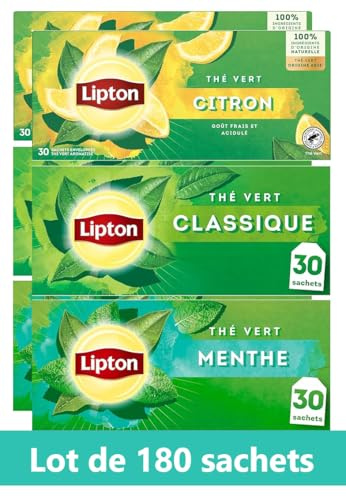 Lipton Pack Thé Vert classique Origine Asie, Thé vert menthe, citron, Infusion à Froid ou Chaud - 180 sachets