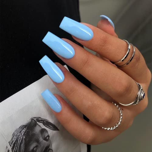 SXVME Baby Blue Press on Nails Long Square, Light Blue False Nails Medium Coffin, Glossy Gel Fake Nails Press on, Sheer Gel Stick on Nail for Women, 24 Pcs