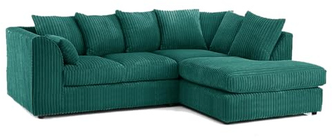 Furnishings For Less UK New Luxor Teal Soft Jumbo Cord Sofa L Shaped 3-4 Seater Corner Sofa Right Hand Facing Scatter Back
