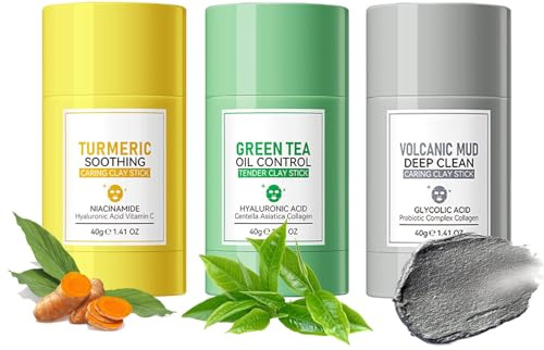 Soleneva 3PCS Clay Mask – Green Mask Stick, Gesichtspflege Set Damen mit Green Tea, Turmeric, Mud, Green Tea Deep Cleanse Skincare Produkte Set, Porenreinigung und Strahlende Haut, Masken Beauty