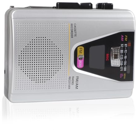 PopuLike Portable Cassette Player, AM/FM Mono Cassette Player with Auto-Reverse Function, Cassette Recording, Built-In Mic and Speaker, 3.5mm Earphone Jack, Silver