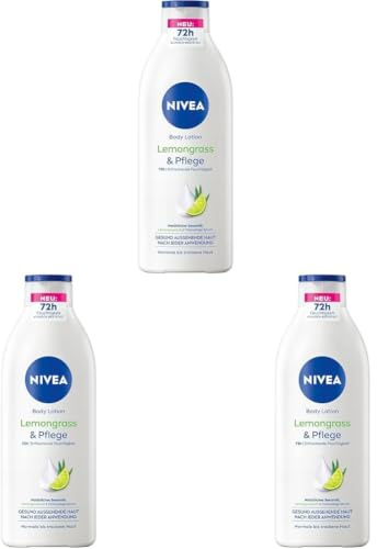 NIVEA Body Lotion Lemongrass & Pflege, Körpercreme mit Tiefenpflege Serum für 72h Feuchtigkeit, Körperlotion mit Sesamöl und erfrischendem Duft (400 ml) (Packung mit 3)