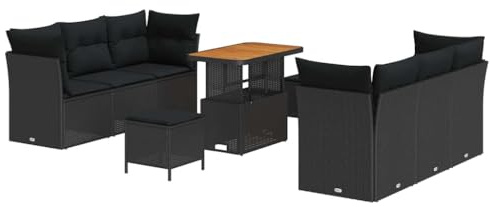 vidaXL 9-delat Trädgårdsoff-set med kuddar Svart Polyrotting Akacia Utomhusseating för Patio & Balkong Modulär Möbler Sektionell Väderbeständig Loveseat