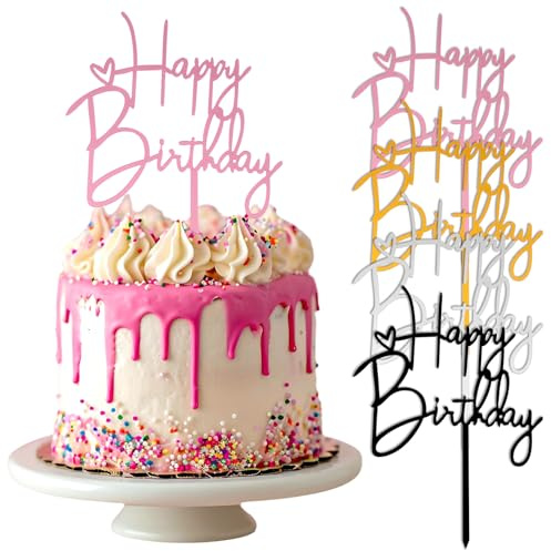 Nogeqi 4 Stück Happy Birthday Tortendeko, Acryl Tortendeko Geburtstag Torten Deko Happy Birthday Cake Topper Wiederverwendbare (Gold, Roségold, Silber & Schwarz) für Geburtstagsfeiern 14,5x10cm