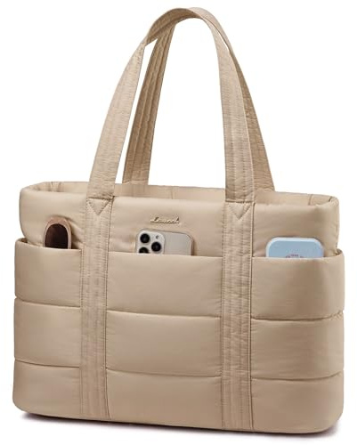 LOVEVOOK Tote Bags for Women, 15.6 Inch Lightweight Puffer Work Bag with Laptop Compartment and Zip, Large Quilted Handbag Ladies Teacher Uni Shoulder Bag for University College School Travel, Khaki