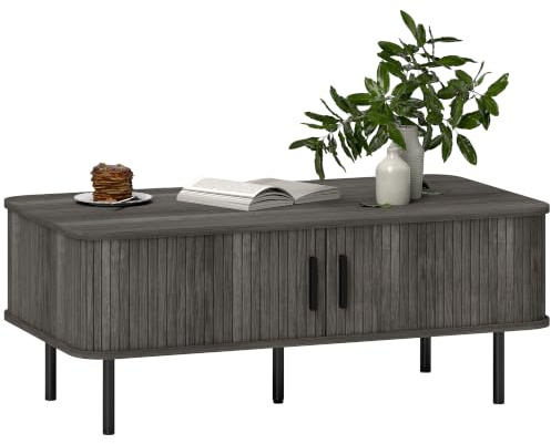 HOMCOM Coffee Table with Storage, Slatted Coffee Table, Grey Wood-Effect | Tambour Sliding Doors, Foot Pads, Rectangular, Elevated Base, Living Room