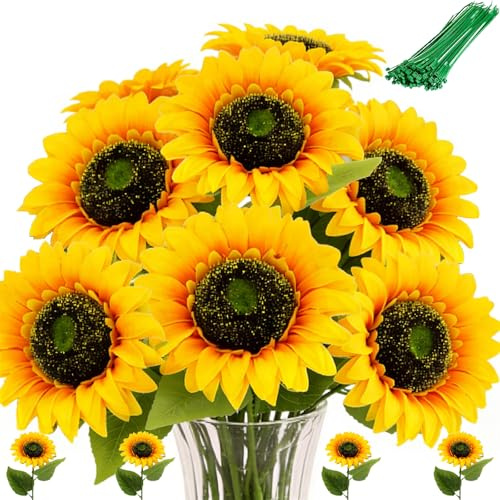 ZenyTra 4 Stück Künstliche Sonnenblumen mit 10 Bindfäden, 45cm Große Sonnenblumen Deko mit 13cm Blütendurchmesser, Realistische Gelbe Kunstblumen für Hochzeitsdeko, Tischdekoration, Party
