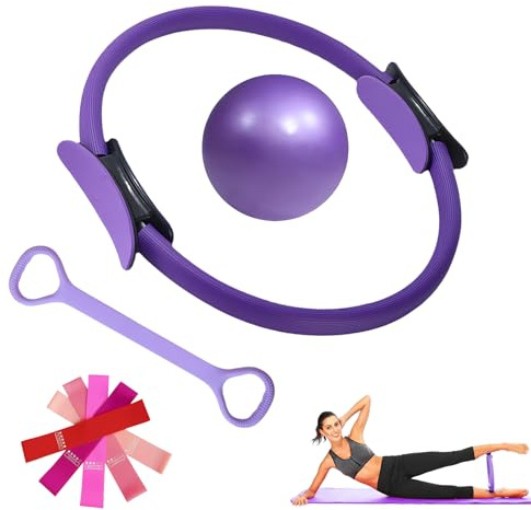 ZHUJIECAO Pilates Ring Set (5 Packs),14 Magic Circle with Dual Padded Handles,9 Mini Pilates Ball,5 Resistance Bands,Yoga Strap – Full Body Toning Pilates Equipment Kit for Home Gym Fitness