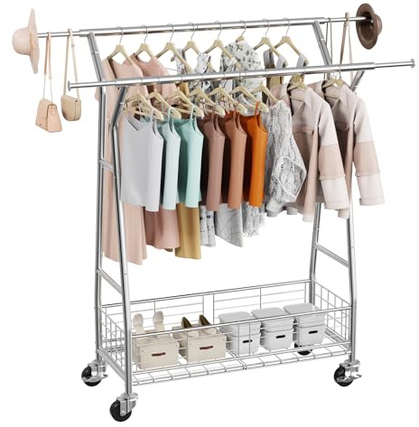 VEVOR Kleiderständer Garderobenständer rollbar mit 2 Kleiderstangen & Aufbewahrungskorb, bis 150 kg belastbar ausziehbarer Kleiderständer aus Karbonstahl für Schlafzimmer Waschküche Wohnzimmer