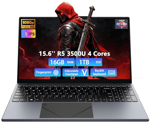 Breloom Computer portatile da gioco 2026, Computer portatile da 15,6 pollici con processore AMD Ryzen 5 3500U, DDR4 da 16 GB, SSD da 512 GB, Display FHD 1920 x 1080P (3500U-DG, 16GB+1TB)