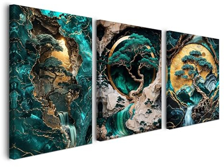 Wandbild Set 30×40 cm 3er Set Grün Gold Landschaft Baum Gerahmte Vintage Leinwandbilder für Wohnzimmer Schlafzimmer Küche Büro mit Haken Nägeln und magischer Klettbefestigung sofort aufhängbar