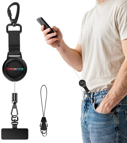 MoKo Anti-Theft Phone Lanyard with Retractable Steel Line | Lockable anti-drop phone strap with 360° tether tab for outdoor activities, Black&Colorful