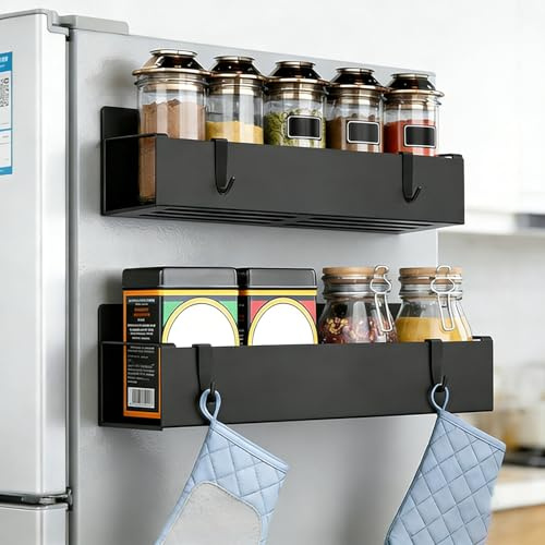 TIANLIN 2 Stück Gewürzregal Magnetisch, Magnetisch Gewürzregal ohne Bohren, Schwarz Magnetregale für Kühlschrank, Kohlenstoffstahl Magnetische Regale, mit 4 Haken, für Küche Und Badezimmer
