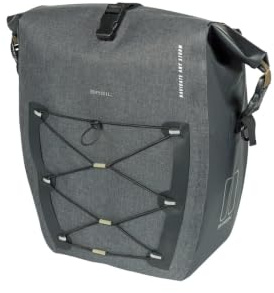 Basil Fahrrad Einzeltasche L MIK Hooks – 25–31L – Tarpaulin/Polyester – Wasserdicht IPX3 – Rolltop-Verschluss – Kompressions-Vortasche – Reflektierend – Abnehmbarer Schultergurt – Schwarz
