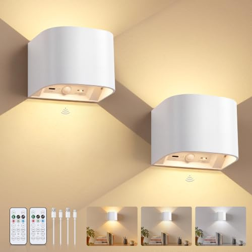 Dehobo Wandleuchte Innen Akku mit Bewegungsmelder & Fernbedienung Weiß | LED Wandlampe Innen Akku 3 Farben, Wandleuchte Ohne Stromanschluss Dimmbar, 3 Modi Wandlampen für Flur, Treppe, 2 Stück