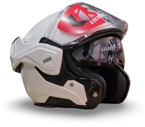 unik Casco Modular Abatible 180 Spectrum Moto Adultos Visera Solar Doble Policarbonato 2 Calotas Ventilación Frontal Trasera Cierre Micrométrico - Blanco brilo , Talla L