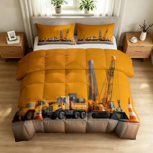 Täcke utan överdrag 220 x 240 cm, 4 säsonger tvättbara överkast, byggarbetsplatsfordon grävmaskinskranar hudvänligt täcke – tecknat äventyr design lätt vändbara sängkläder med 2 örngott