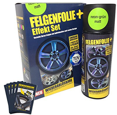 mibenco 71006038 FELGENFOLIE+ och effektset, 2 x 400 ml, neongrön – sprayspray/sprayfolie – ny neonfärg och skydd mot fälg