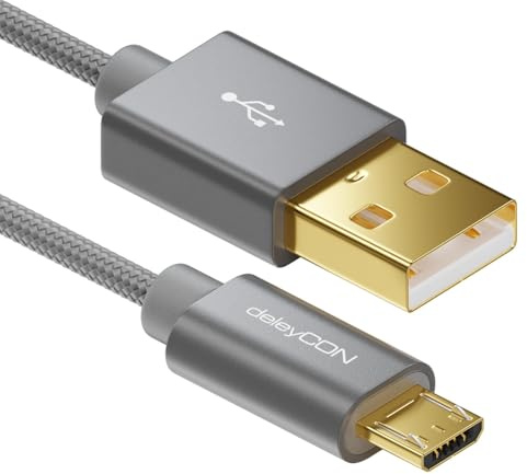 deleyCON 2m Micro USB Kabel Nylon Ladekabel Datenkabel - Grau | Mit Metallstecker, Schnellladekabel für Smartphone, Tablet, PC, Laptop und Notebook