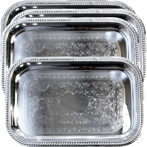 Maro Megastore (Pack of 4) Elegant Floral Engraved Serving Tray Chrome Plated Steel Plate Platter Decorative Wedding Birthday Party Shiny Silver Color (Oblong 20.7x14)