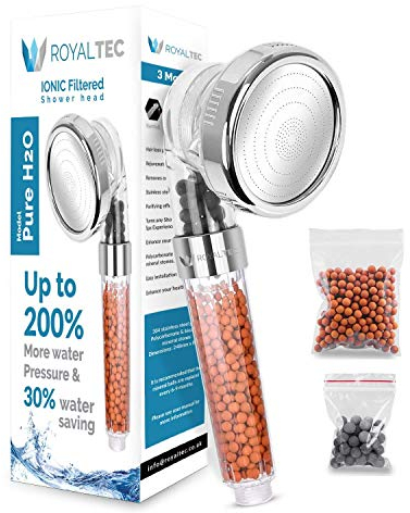 ROYALTEC Ionic Shower Head – High Pressure, Water Saving, Filtered Shower Head with 3 Spray Modes – Hard Water Filter, Softens Water – Universal Fit