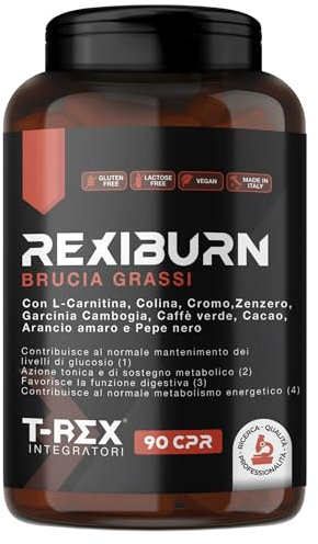 REXIBURN Potente Brucia Grassi Naturale. Effetto dimagrante, termogenico e anti fame | A base di L-Carnitina, Zenzero, Piperina, Glucomannano, Garcinia Cambogia e Caffè Verde | 90 compresse