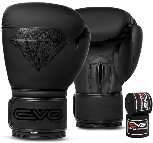 EVO Fitness Boxningshandskar Med Handinpackningar För Män Och Kvinnor Med Läder Pro Gel För Muay Thai Kickboxning Sparring Fighting & Training (Svart, 10 OZ)