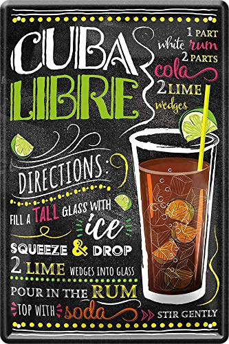 WOGEKA ART Retro Blechschild - Cuba Libre Cocktail Rezept - witziger Spruch als Geschenk-Idee zum Geburtstag Weihnachten zur Dekoration 20x30 cm Vintage-Design aus Metall 134