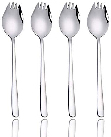 4 Stück 304 Edelstahl 2 In 1 Abendessen Gabel Suppenlöffel Salatgabel Nudellöffel, Verwendet Für Obst, EIS, Dessert, Nudelgeschirr, Geeignet Für Familiencamping Und Picknick Im Freien