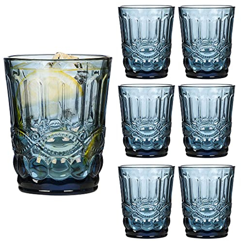 Dibor Set of 6 Embossed Blue Baroque 250ml Tumbler Drinking Glasses