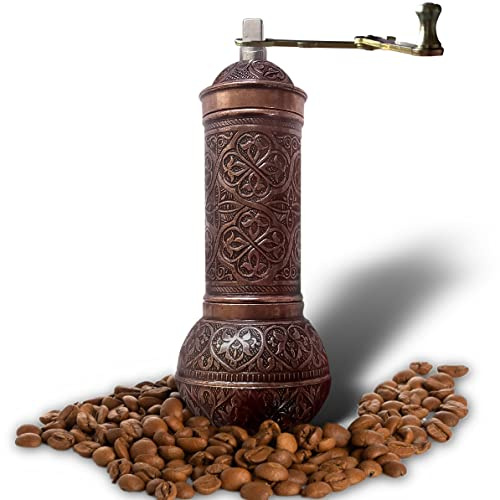 Molinillo de café antiguo, molino de estilo turco recargable con amoladora ajustable de calificación, molino de café manual con mango (cobre marrón)