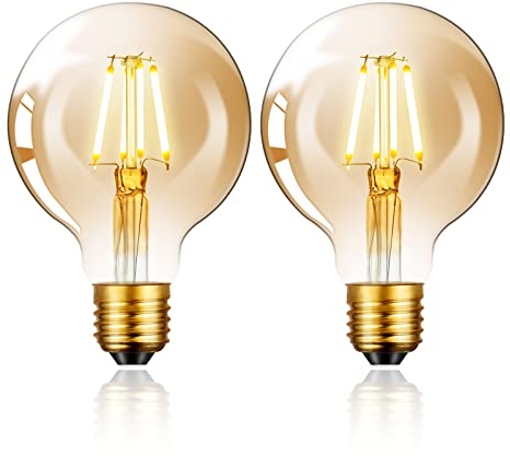Sarveeta Vintage Edison LED Light Bulb, E27 Screw Bulb 6W (Equivalent to 60W) G80 Globe Decorative Light Bulbs Warm White 2800K LED Filament Lamp Amber Glass for Retro Lighting - Pack of 2
