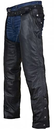 Black Motorcycle Leather Chaps for Men Women Riding with Zip Out Liner, Cowboy Biker Chap Pants with Four Deep Pockets, 6XL