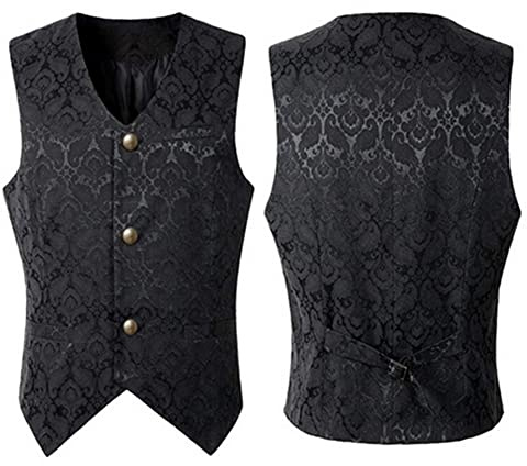 Proumhang Viktoriansk Kostymväst för män,Steampunk Gotisk väst för män,Medeltida Vintagekläder för Halloween, Kort Jacquardväst för män Svart XXL