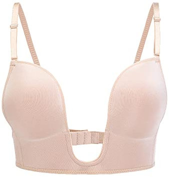 KOEMCY Soutien Gorge Dos Nu pour Femme Push Up sans Armature Brassière Sexy Profond U Soutien Gorge Dos Bas Invisible Bralette (Beige,C)