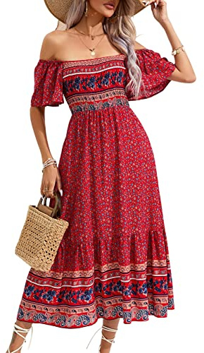 KOJOOIN Sommarklänning, bohemisk, kortärmad maxiklänning, trendig strandklänning, lång, blommig volangklänning, fritidsklänning (återanvändbar förpackning), a-röd, XL