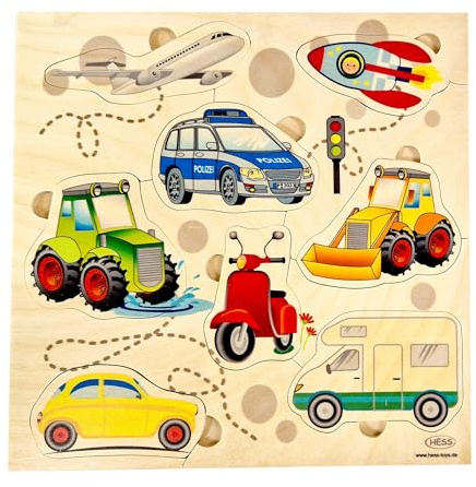 Hess Holzspielzeug 14971 - Puzzle aus Holz, Motiv Fahrzeuge, handgefertigt, für Kinder ab 3 Jahren