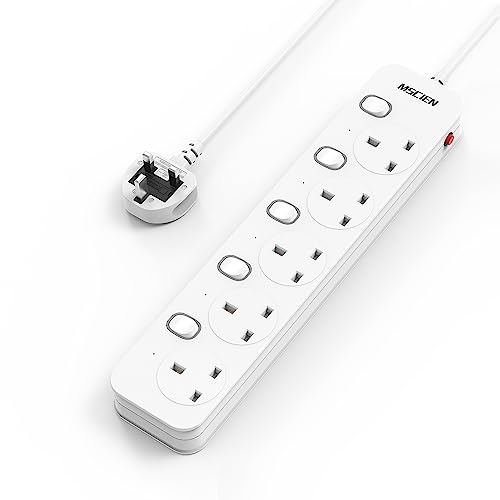 Mscien Short Extension Lead 1M 5 Way Switched with Multiple Protections | Overload Protection, Wall Mounted, Fused, 13A, 3250W, Safety Door, Flame Retardant, Wide Socket Space, LED Indicators