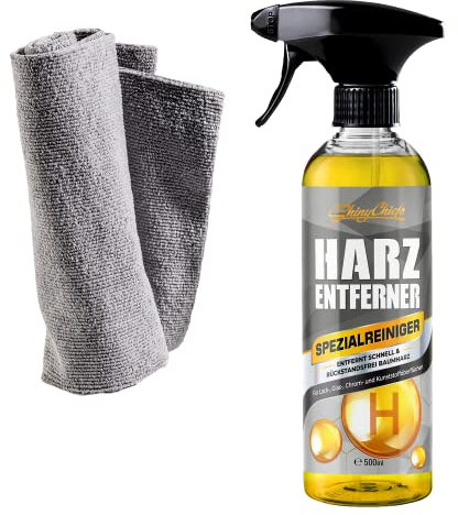 ShinyChiefs Harzentferner Set 500 ml + Mikrofasertuch für schonende Reinigung - Hochwirksamer Auto Harzlöser für alle Oberflächen - Entfernt Baumharz, Vogelkot, Teer & Wachse